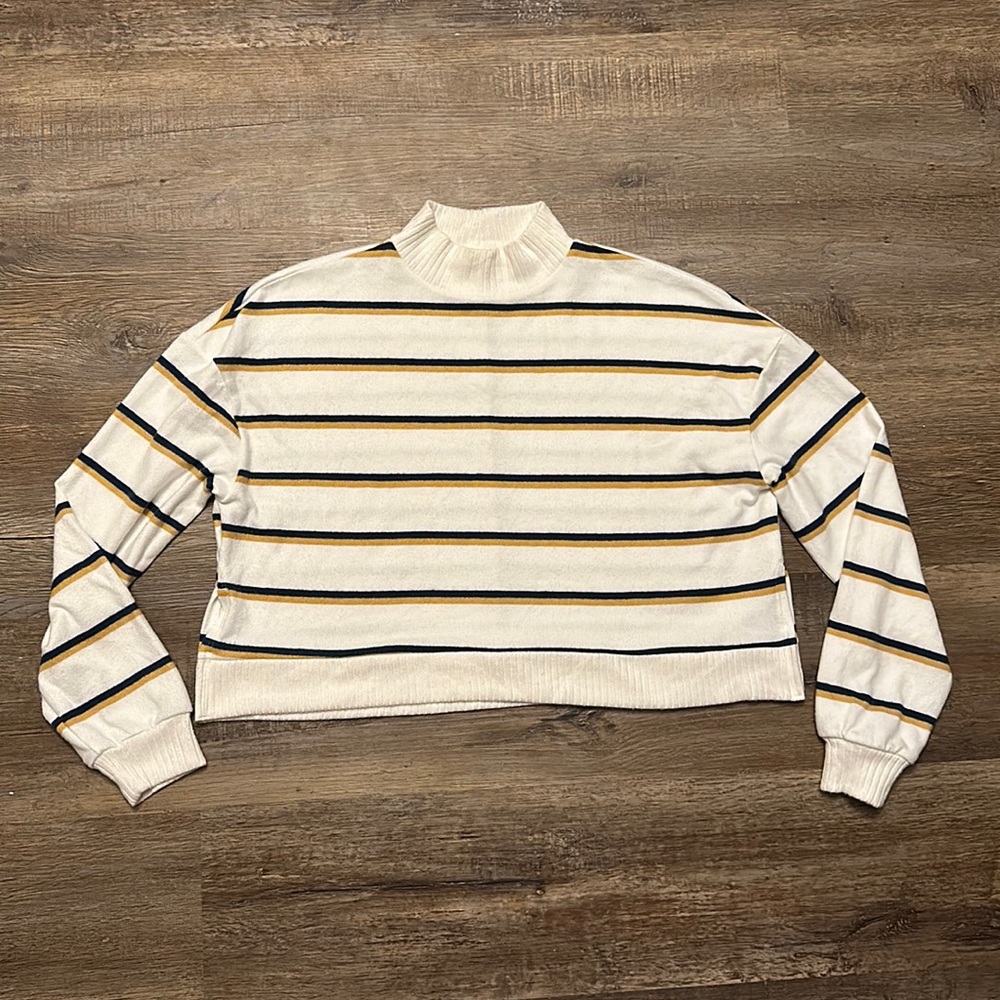 ✨ SO Striped Cropped Mock Neck Sweater Cream Navy Mustard Size Small